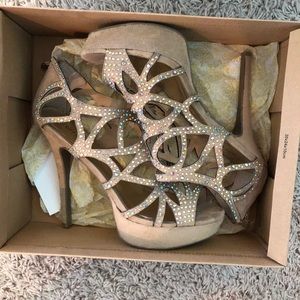 Nude cage heels with iridescent rhinestones